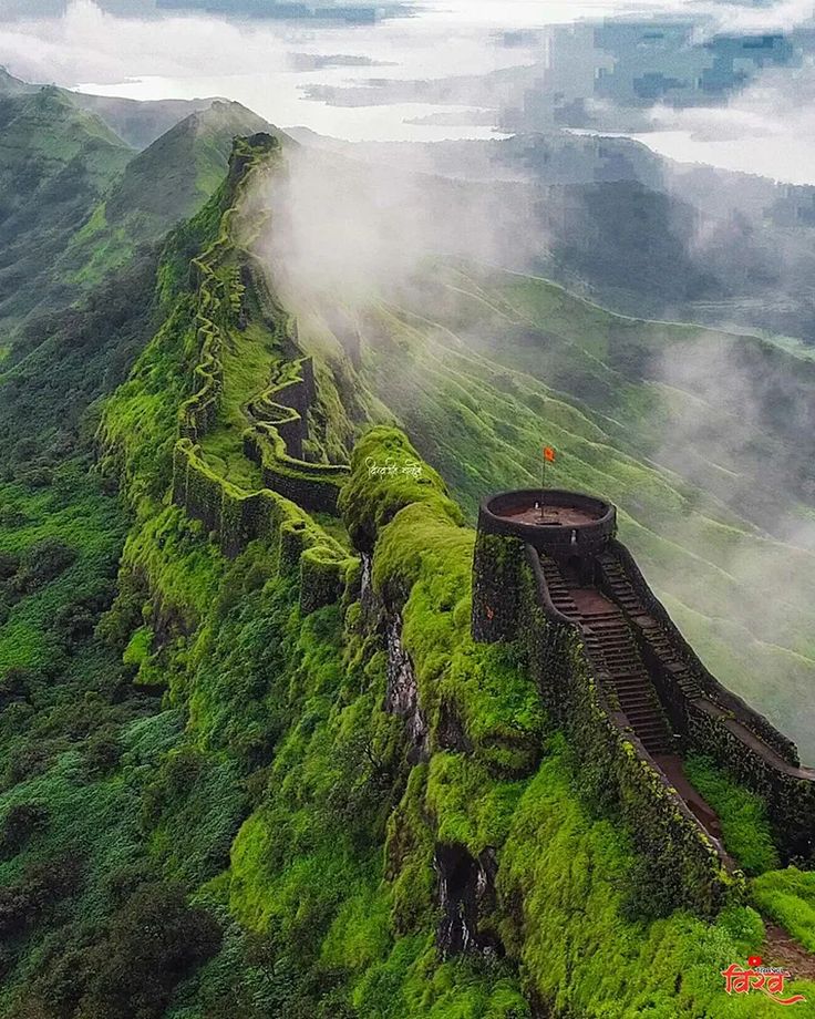 Raigad Fort ramparts and Sahyadri hillside, Chhatrapati Shivaji's capital Maharashtra
