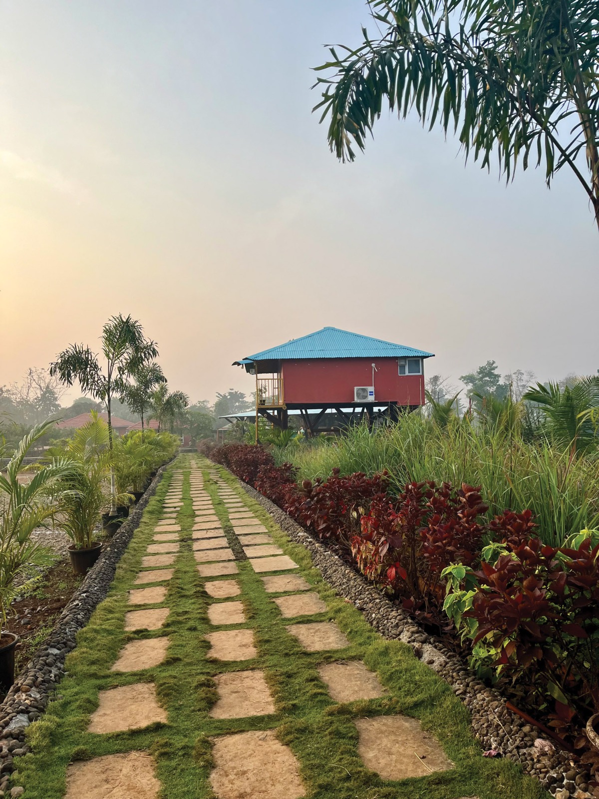 Stone path leading to treehouse at sunrise at Mitraay Resort