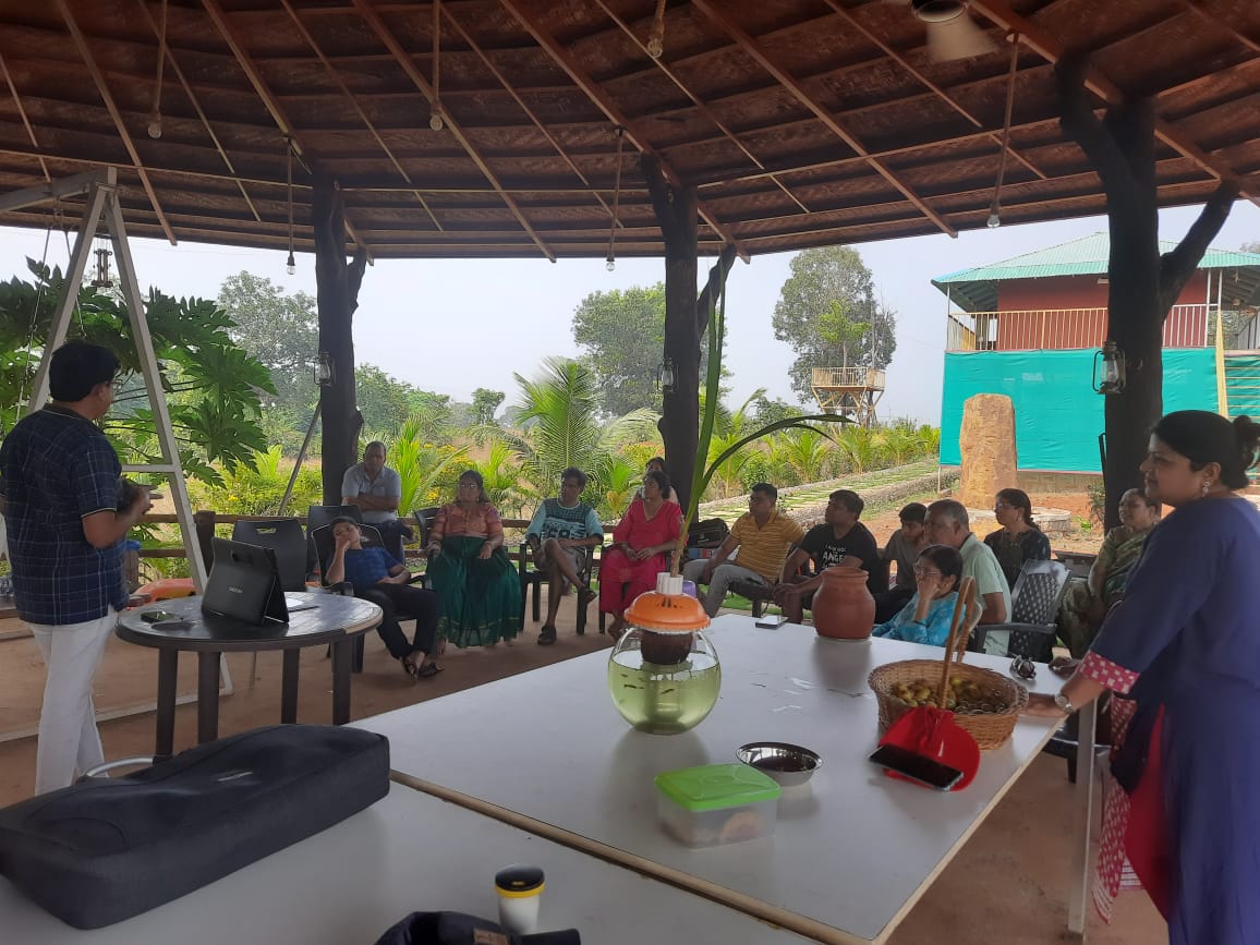 Group workshop in the open bamboo pavilion at Mitraay Resort