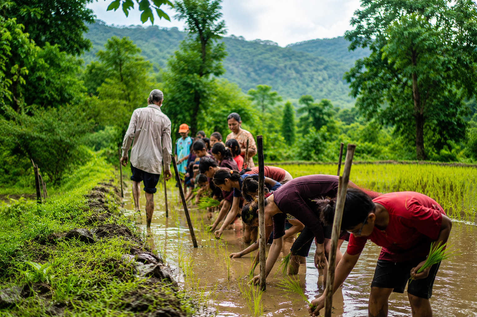 School kids playing in mud by the river at Mitraay Resort